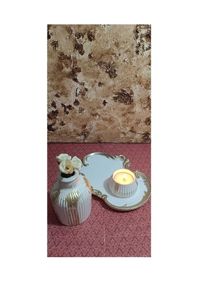 El Yapımı Dekoratif Sunum Tepsisi, Vazo Ve Tealight Mumluk Seti, Özel Tasarım 3'lü Aksesuar Seti