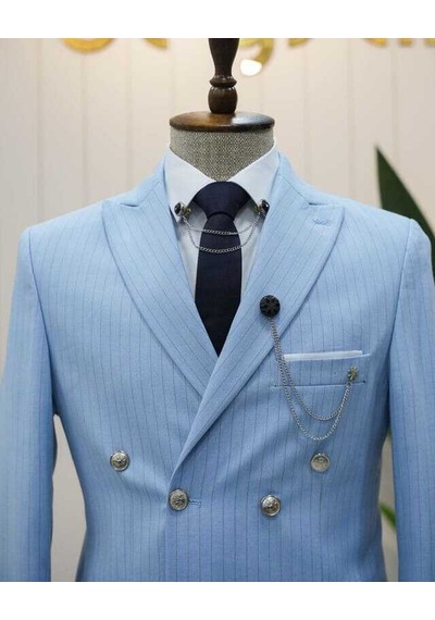 Beystil Sivri Yaka Bebe Mavisi Çizgili Kruvaze Takım Elbise - Slim Fit Mavi