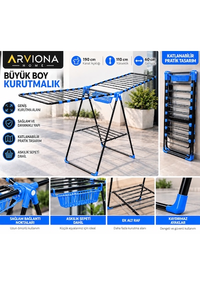 Arvıona 190 Cm Kanatlı Çamaşır Kurutmalığı Mandal Sepetli Metal Mavi - Siyah