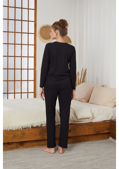 Siyah İnci Fitilli Örme Pijama Takım25226003 Siyah