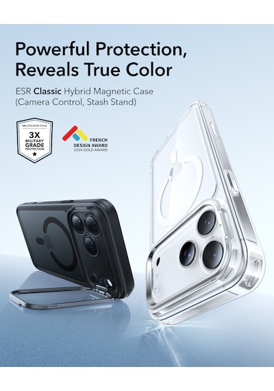 Esr Apple Uyumlu iPhone 17 Pro Classic Hybrid Magsafe Standlı Kılıf - Kamera Kontrol Buton - Buzlu Siyah Buzlu Siyah