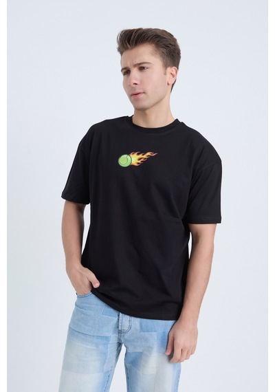 Erkek Oversize Baskılı T-shirt Siyah Hot Tennis Siyah