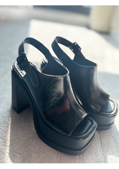 Asmi Shoes Kadın Veronica Siyah Rugan 12 Cm Önü Ve Arkası Açık Platform Topuklu Ayakkabı