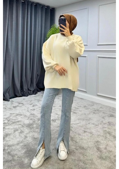 De Pose Yarım Boğazlı Tesettür Triko Kazak Ekru