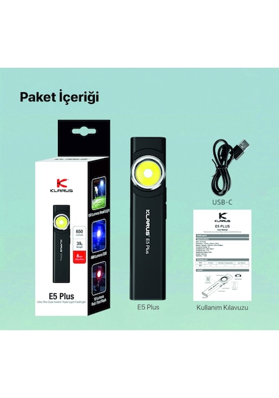 Klarus E5 Plus Ultra İnce, Manyetik, Şarjlı Led Fener Siyah