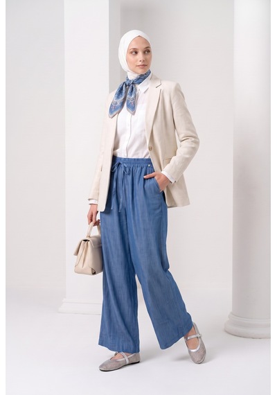 Armine Trend Doğal Kumaş Beli Lastikli Yandan Cepli Rahat Kalıp Bol Paça Pantolon İndigo 26yt208 Armine Trend Doğal Kumaş Beli Lastikli Yandan Cepli Rahat Kalıp Bol Paça Pantolon İndigo 26yt208