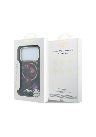 Apple iPhone 18 Pro Uyumlu Kılıf Guess Lisanslı M-safeli Gül Desenli Simli Yazı Logolu Kapak Siyah