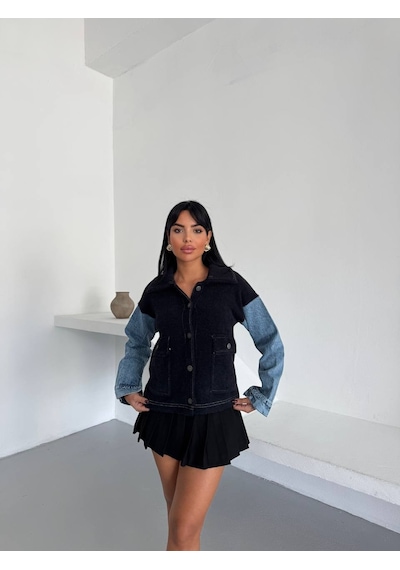 Duygudan Denim Kol Detaylı Kontrast Ceket Güçlü Stil, Net Duruş - Siyah