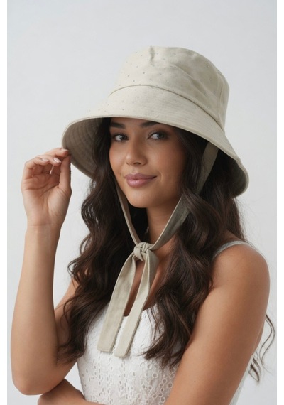 Mollycrush Kadın Bej Pırlanta Taşlı Bucket Şapka Işıltılı Bağlama Detaylı Gabardin Işıltılı Balıkçı Modeli Bej-krem