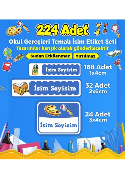 Okul Gereçleri Temalı Okul Kreş Kişiye Özel İsim Etiket Seti - Model 41 Çok Renkli