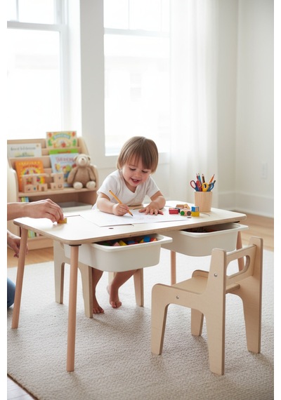 Ahşap Montessori Oyun Masası Çift Sandalyeli Oyun Masası Montessori Oyun Masa Seti