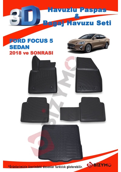Ford Focus 5 Yeni Sedan 2018+ Paspas ve Bagaj Havuzu Seti Siyah