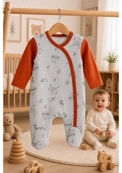 Ferasty İstanbul Unisex Bebek Tulum Rakun Desenli Gri Turuncu