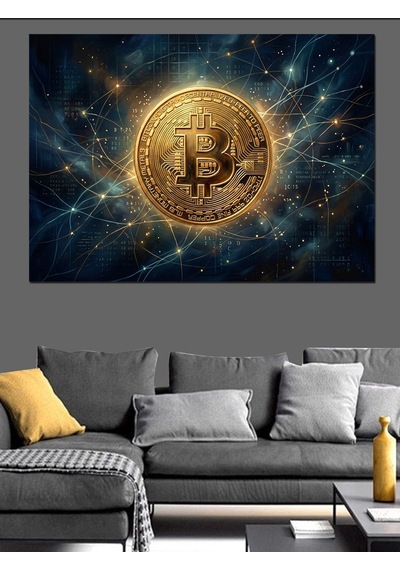 Galaksi İçinde Altın Bitcoin Logosu Dekoratif Kanvas - Mdf Ahşap Tablo