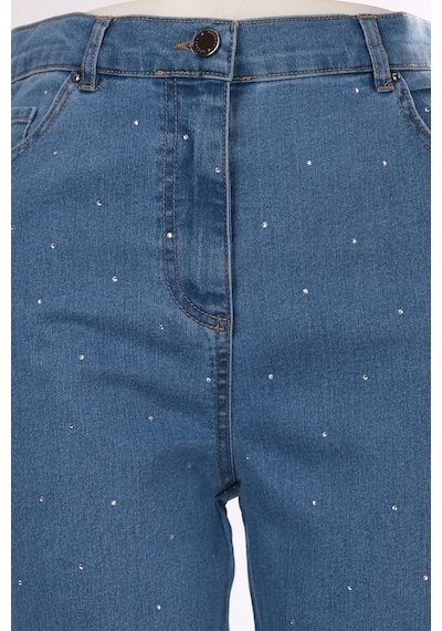 Seleste Minimalist Taş Detaylı Kadın Jean Pantolon - Midi Boy Lacivert
