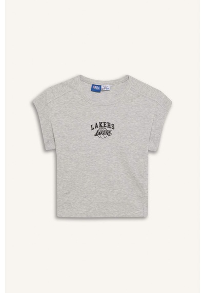 DeFactoFit NBA Los Angeles Lakers Standart Fit Bisiklet Yaka Nakış Baskı Fitilli Kaşkorse Kısa Kollu Tişört E3828AX25SMGR93