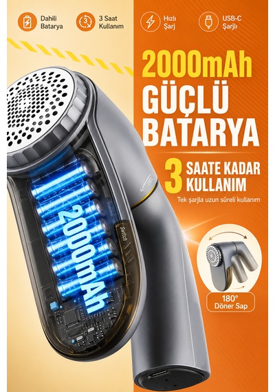 Şarjlı Tüy Toplama Makinesi 2000mah Usb-c Şarjlı 180 Derece Döner Saplı Kazak Koltuk Battaniye Nevresim Tiftik Temizleyici Gri