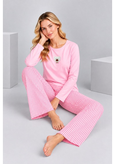 Pijamask Kadın Pembe Ayıcık Detaylı Çizgili Bol Paça Pamuklu Pijama Takımı Pudra