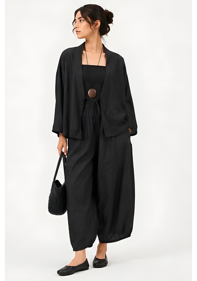 Lili Woman Kadın Siyah Krinkle Dokulu Oversize İkili Takım 50970
