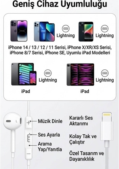 Lightning Girişli Kablolu Stereo Kulaklık Tak Çalıştır - Yüksek Ses Kalitesi Diğer