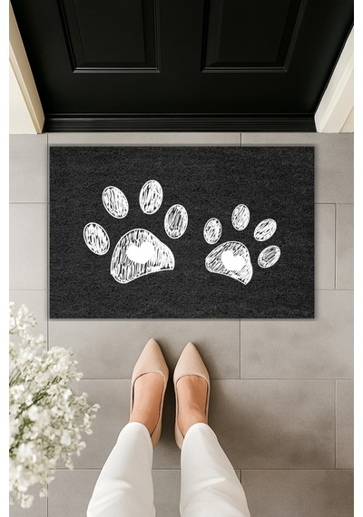 Rugmood Modern Dijital Baskı Paspas - Çift Büyük Pati - Kapı Önü Paspası 70x45cm Siyah