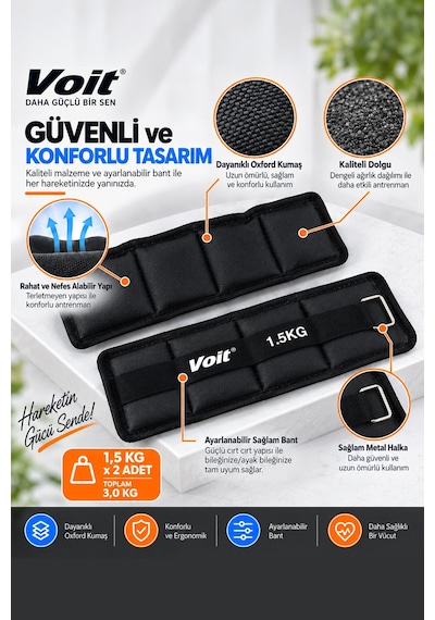 1,5 KG x 2 Adet Ayarlanabilir El ve Ayak Bilek Ağırlığı, Cırt Cırtlı Fitness Egzersiz Ağırlık Seti