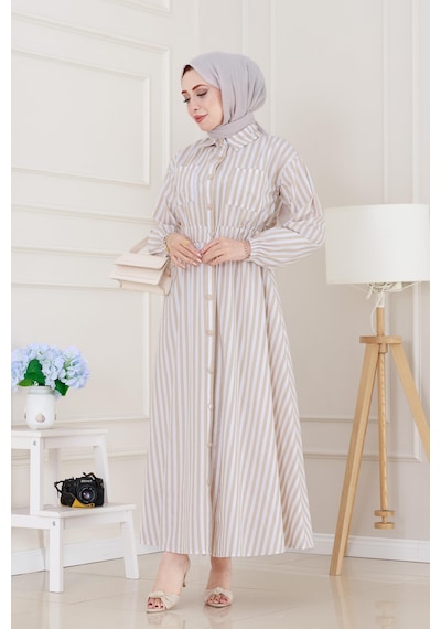 Sevitli Çizgili Cepli Tesettür Elbise-bej-5136 Bej