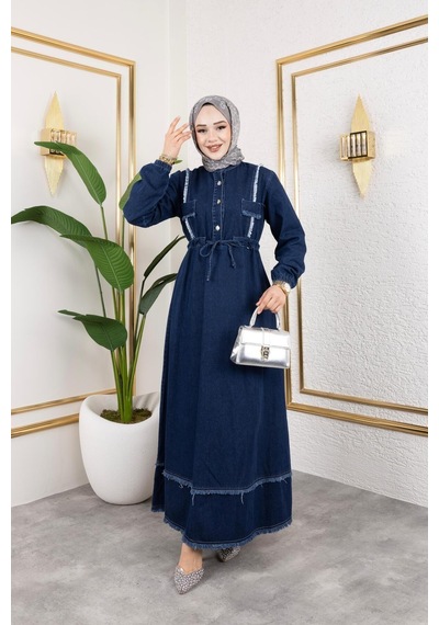 Harman Butik Kadın Püsküllü Denim Kot Elbise Lacivert Lacivert