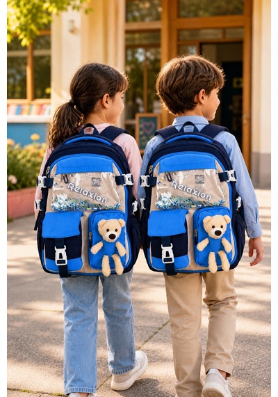 Mavi Lacivert Ayıcıklı Maskotlu Lüks Okul Sırt Çantası Geniş Ergonomik Çocuk 40x30x15 Cm Çok Renkli