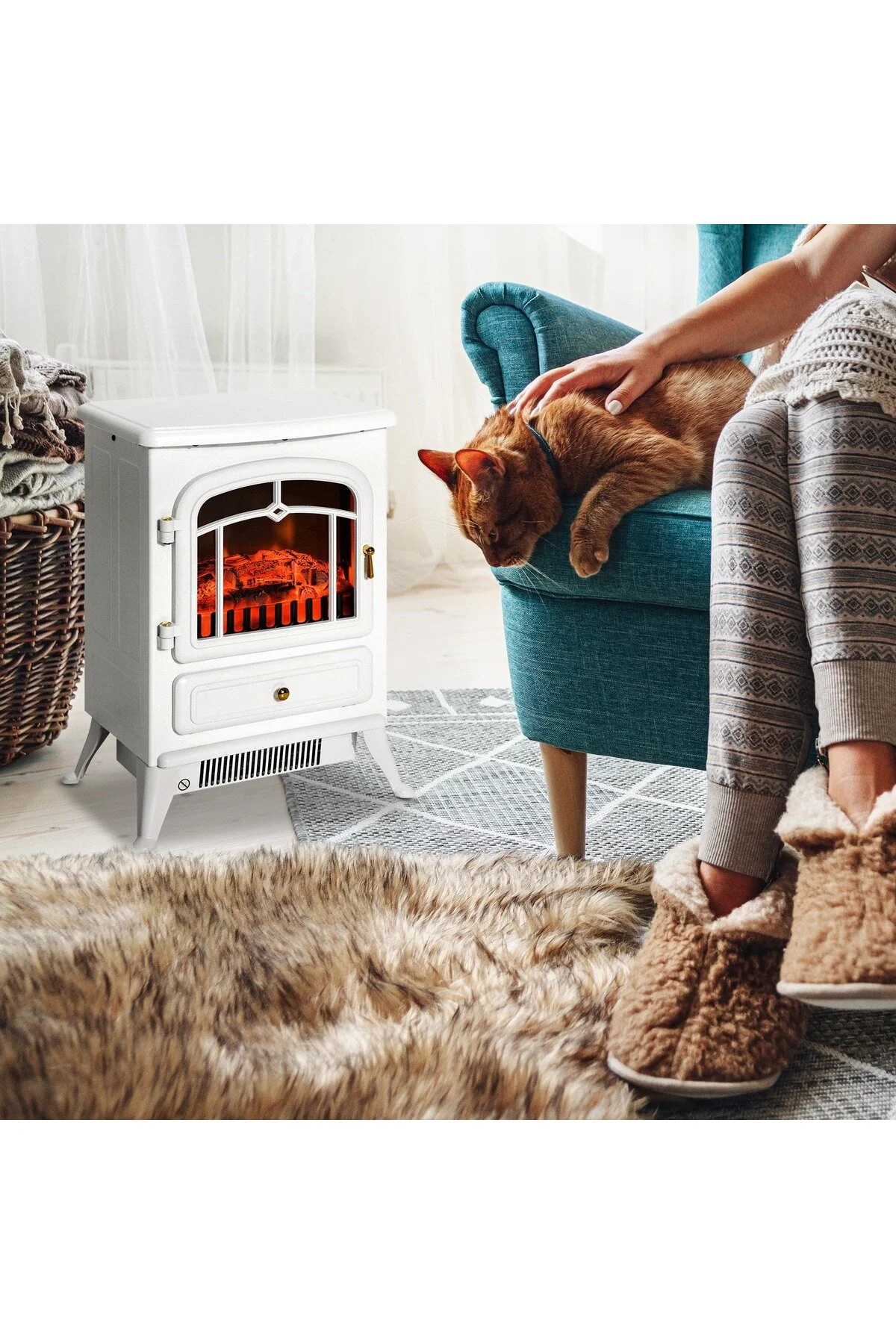 Elektrikli Şömine Beyaz 1850 W Metal Kasa, Fanlı Şömine, Şömine Soba