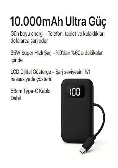 10000mah Lcd Dijital Göstergeli 35w Hızlı Şarjlı Powerbank - 56cm Type-c Kablolu Siyah