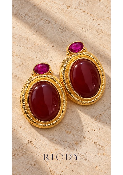 Riody Rubis Velours Gold Renkli Bordo Fuşya Oval Taş Görünümlü Çelik Kadın Küpe