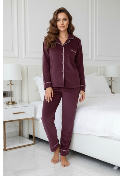 Kadın Kadife Boydan Düğmeli Şerit Detaylı 2'li Pijama Takım MÜRDÜM