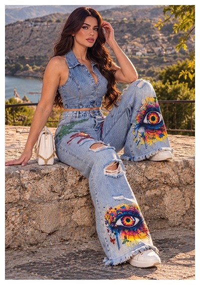 Orvelia Göz Desenli Taş İşlemeli Yırtık Jean Pantolon Visionary Çok Renkli