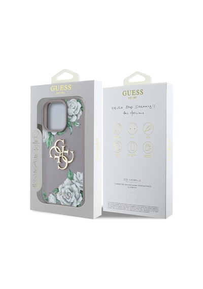 Apple Uyumlu iPhone 15 Pro Max Kılıf Guess Lisanslı Gül Baskılı Büyük Metal Logo Dizaynlı Kapak Mor
