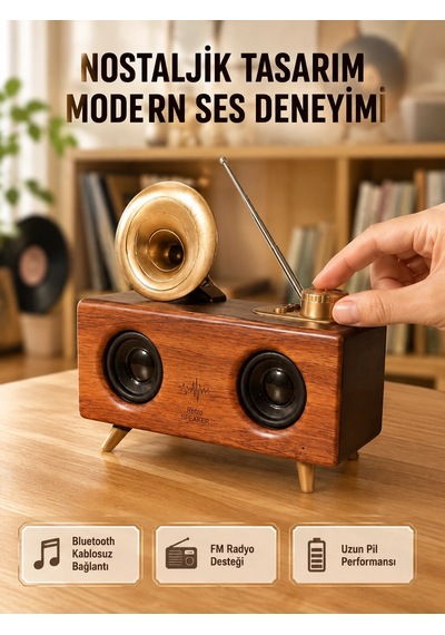 Mey İthalat Nostaljik Gramofon Bluetooth Hoparlör Fm Radyo + Usb + Sd Kart Destekli