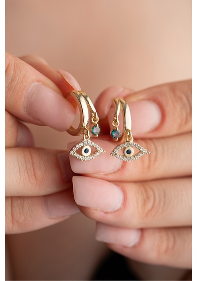 Nereze 925 Ayar Gümüş Gold Mistik Topaz Taşlı 12 Mm Göz Küpe