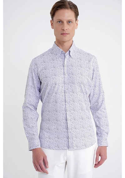 Slim Fit Pamuklu Baskılı Desen Yaka Düğmeli Gri Gömlek G 1603