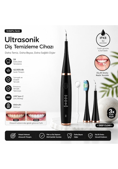Ahm Ultrasonik Diş Temizleme Cihazı Şarjlı Diş Taşı Temizleyici Usb Type-c 42.000 Rpm Titreşimli Ultra Sonic Ipx8 Su Geçirmez 3 Başlıklı Diş Bakım Seti