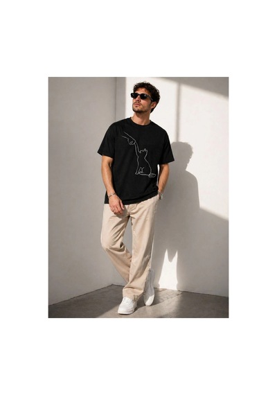 Butik İstanbul Erkek Minimal Kedi Çizim Baskılı Tişört Kısa Kol Yazlık T-shirt - Siyah