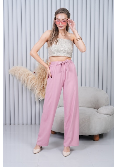 Polologin Butik Beli Bağcıklı Yüksek Bel Bol Paça Pudra Pantolon Pembe