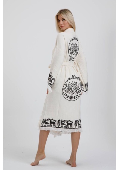Befera Hitit Müslin Kimono Pamuklu Lotus Baskılı Desenli Bornoz Kaftan Sabahlık Ekru