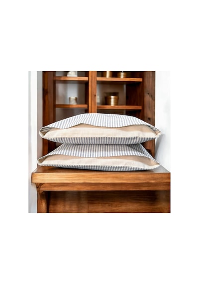 %100 Pamuk İpliği Boyalı Çizgili Tek Kişilik Yastık Kılıfı 2'li Set - 50x70 Cm Naturel Cep Detaylı Mavi