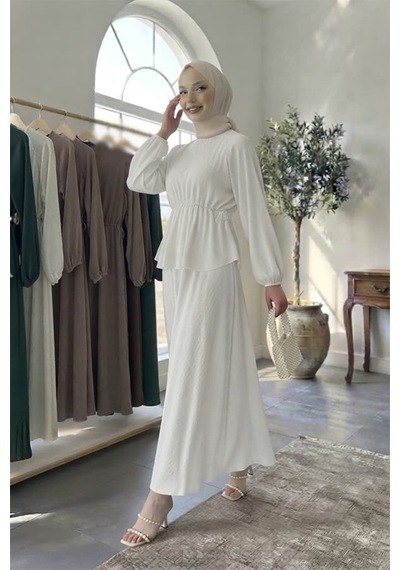 Maşuka Bürümcük Kumaş Bel Büzgülü Peplum Üst Ve Maksi Etekli Şık Ve Rahat Tesettür İkili Takım Beyaz Beyaz Maşuka Bürümcük Kumaş Bel Büzgülü Peplum Üst Ve Maksi Etekli Şık Ve Rahat Tesettür İkili Takım Beyaz Beyaz
