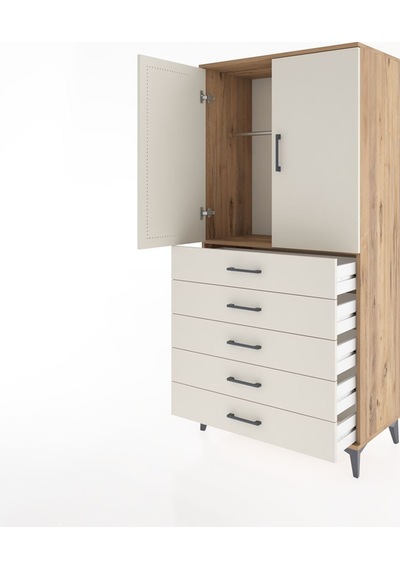 Hyperion Dolap Tek Raflı 5 Çekmeceli Tek Askılı 88x44x182 Çam... Çam