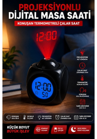 Duvara Yansıtan Projeksiyonlu Dijital Çalar Saat Konuşan Termometreli Led Alarm Masa Saati Pilli & Kablolu Kullanım Siyah Duvara Yansıtan Projeksiyonlu Dijital Çalar Saat Konuşan Termometreli Led Alarm Masa Saati Pilli & Kablolu Kullanım Siyah