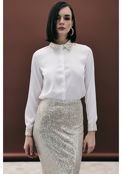Sateen Payet Detaylı Saten Gömlek - Bej-136686 bej