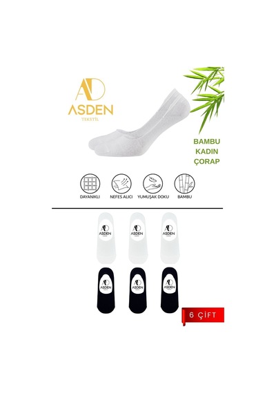 Asden Bambu Kadın Babet Çorap 3 Siyah 3 Beyaz 6'lı Paket, Dikişsiz, Kaydırmaz Silikonlu Topuk Çok Renkli