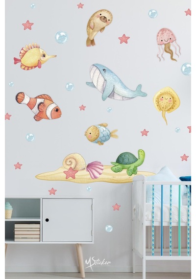 Soft Renklerde Sevimli Hayvanlar Çocuk Bebek Odası Sticker Seti, Sevimli Deniz Okyanus Hayvanları