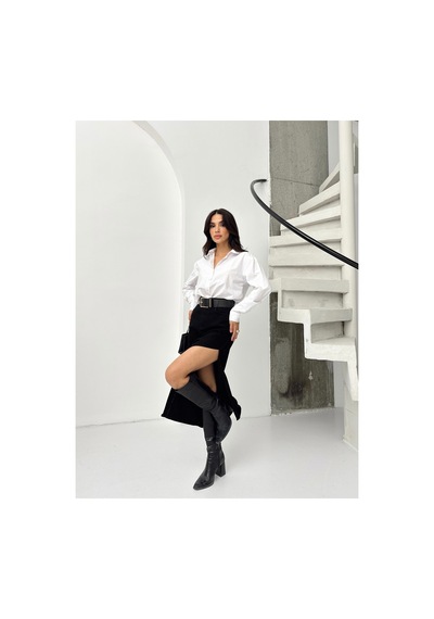 Kene Jeans Yüksek Bel Siyah Uzun Ön Parçalı Asimetrik Kot Etek Siyah